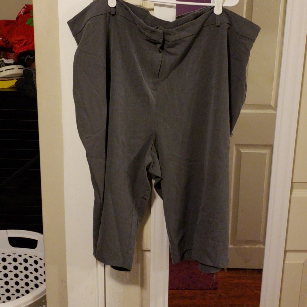 Grey dress capris. End just below the knee.